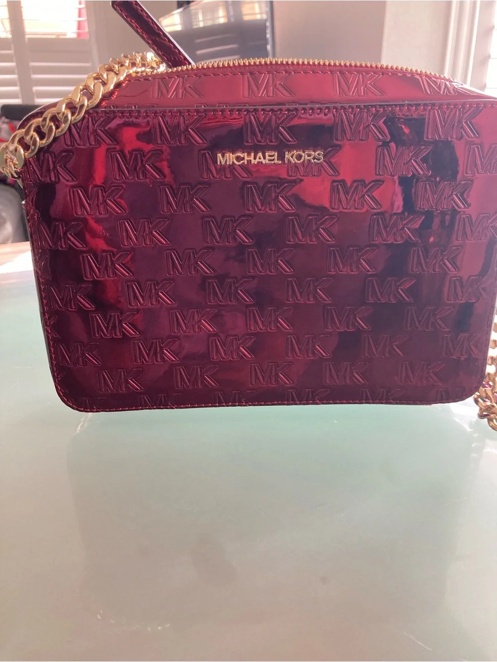 Michael Kors Red Patent Embossed MK Crossbody with Gold Chain